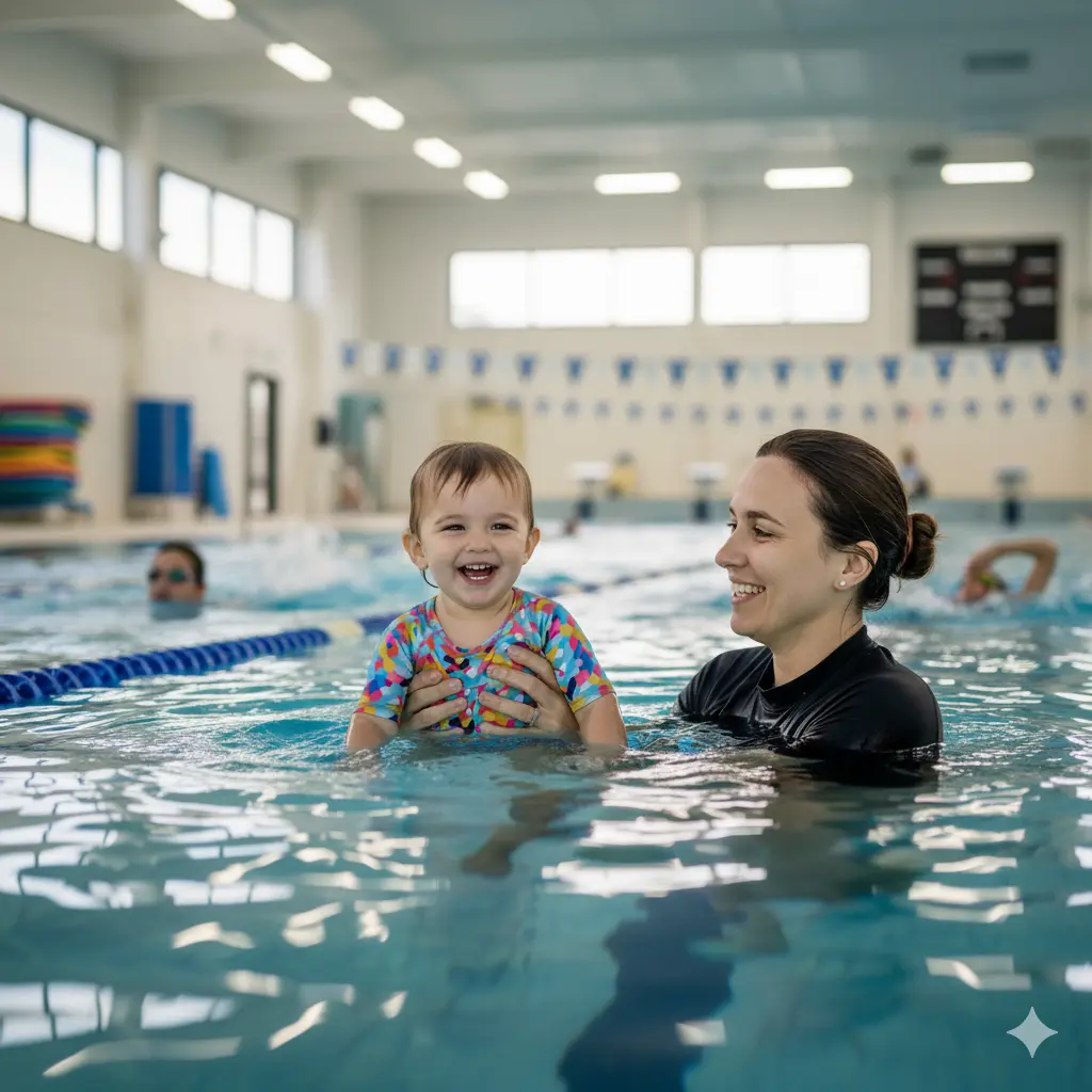 Istruttore di nuoto supporta con delicatezza un bambino felice, insegnandogli a galleggiare in un ambiente sicuro